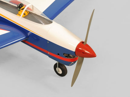 Phoenix Model TYPHOON 59" Size ARF Model airplane with red nose and blue and white body on a gray background