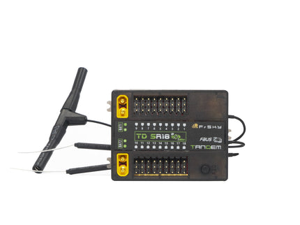 FrSky electronic module with antennas on a white background