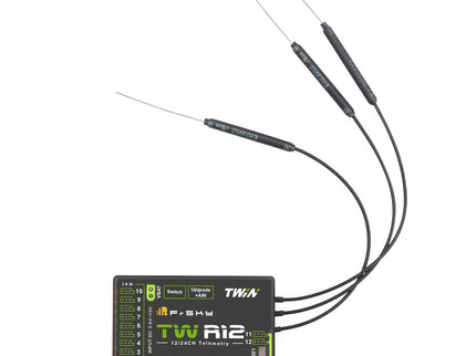 TWiR12 telemetry receiver with cables on a white background