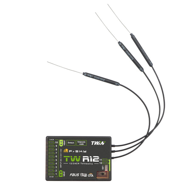 TWiR12 telemetry receiver with cables on a white background