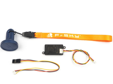 FrSky NFC Switch on a white background, including an orange wrist strap with FrSky branding, a blue magnetic receiver, a black control module, and multi-colored wiring.