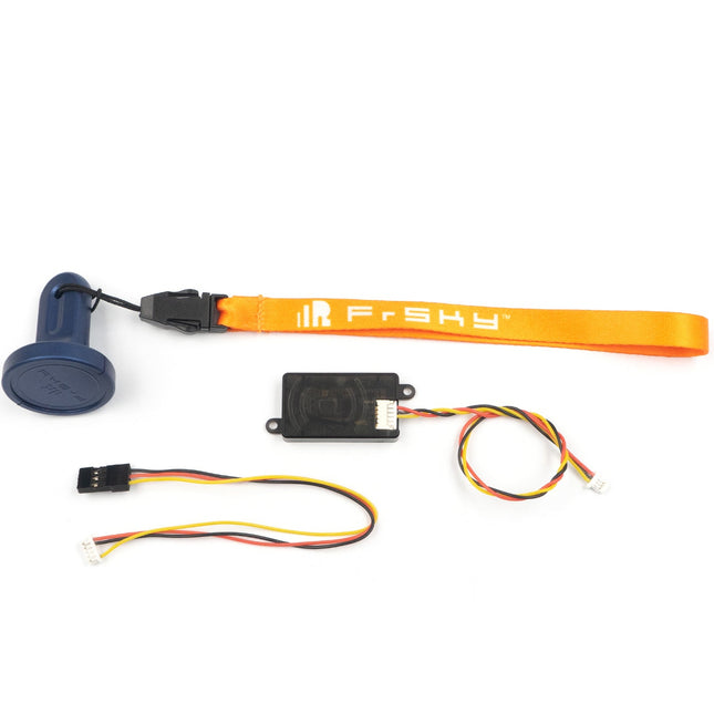 FrSky NFC Switch on a white background, including an orange wrist strap with FrSky branding, a blue magnetic receiver, a black control module, and multi-colored wiring.