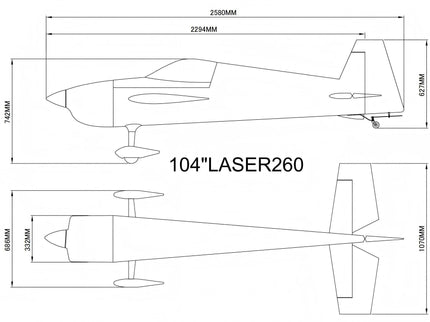 Technical drawing of a model airplane with dimensions labeled