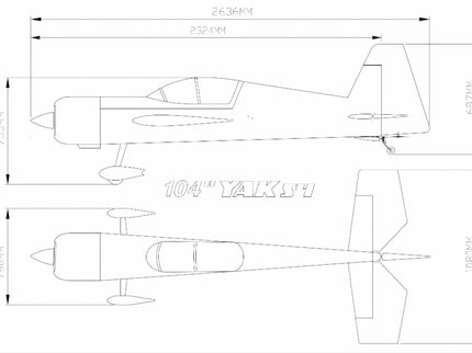 Technical drawing of a model airplane with dimensions labeled
