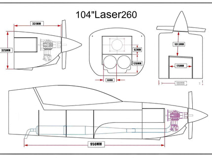 Technical drawing of a model airplane with dimensions labeled, featuring the text '104 Laser 260'.