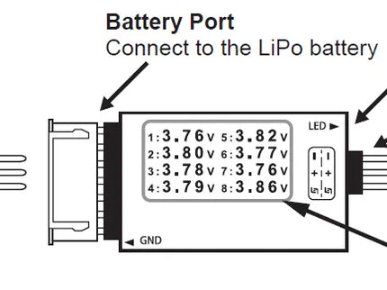 Technical diagram showing a FLUS LiPo voltage sensor with dimension annotations (35 mm length, 23 mm width) and labeled connection points for battery port, LED, smart port, and OLED display.