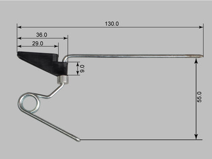 Measurement chart of a metal tail wheel assembly with dimensions on a gray background