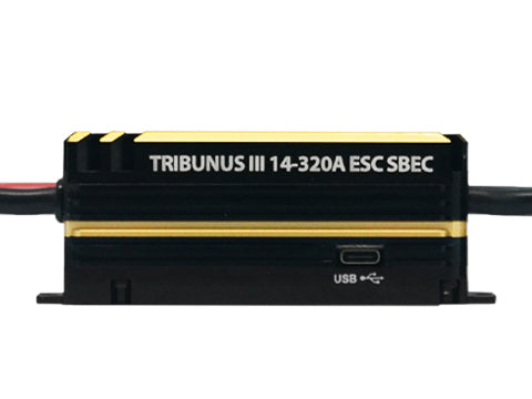 Electronic speed controller with 'TRIBUNUS III 14-320A ESC SBEC' text on a white background