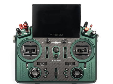 Green and black remote control device with a screen on a white background