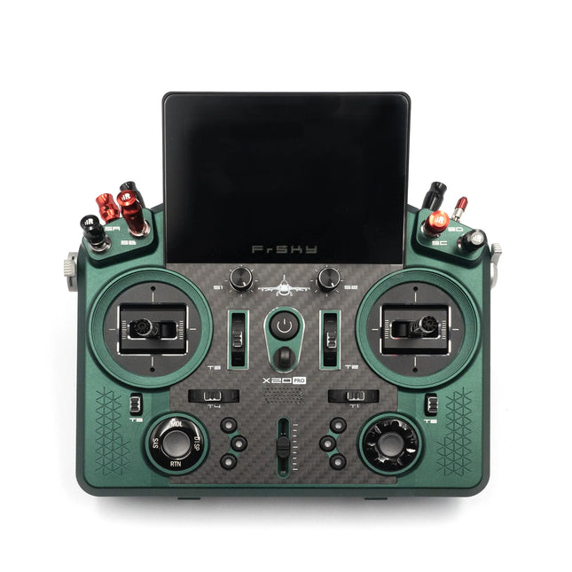 Green and black remote control device with a screen on a white background