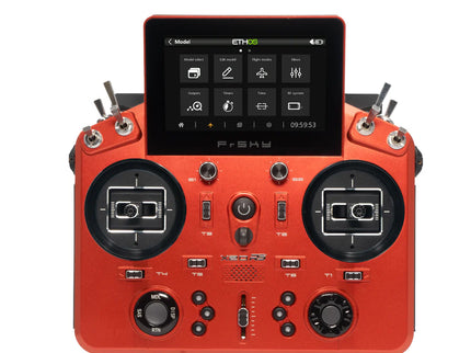 Red remote control with touchscreen interface on a white background