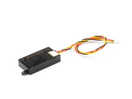 A small black electronic component with a multi-colored wire harness (red, yellow, black, white) on a white background, with a small FrSky watermark at the bottom.
