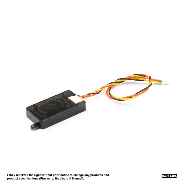 A small black electronic component with a multi-colored wire harness (red, yellow, black, white) on a white background, with a small FrSky watermark at the bottom.