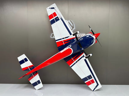 Model airplane with red, white, and blue design on a gray background