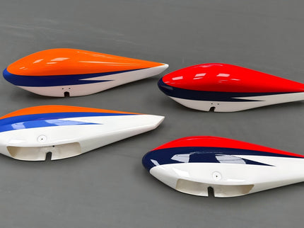 Four wheel pants in orange, red, and white on a gray background