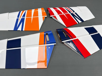 Set of airplane tail planes  with colorful designs on a gray background