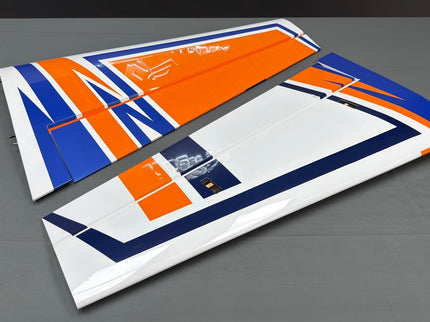 Two airplane wings with orange, white, and blue design on a gray background