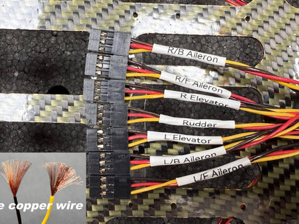 Close-up of a carbon fiber structure with electrical wiring and labels, featuring 180-core copper wire.