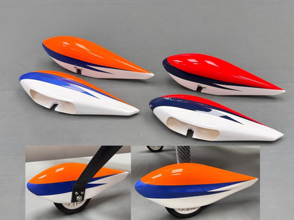 Four views of a colorful scooter with a gray background