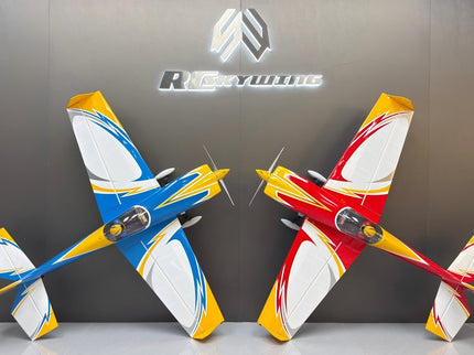 Two model airplanes, one blue and yellow, the other red and yellow, against a dark background with a logo above.