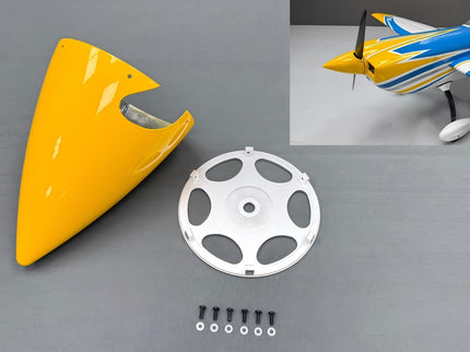 Yellow nose cone, silver propeller hub, and screws on a gray background with a model airplane inset.