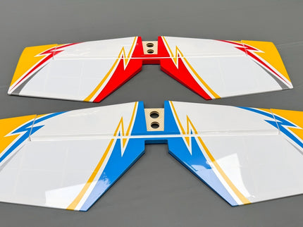 Two colorful airplane tails on a gray background