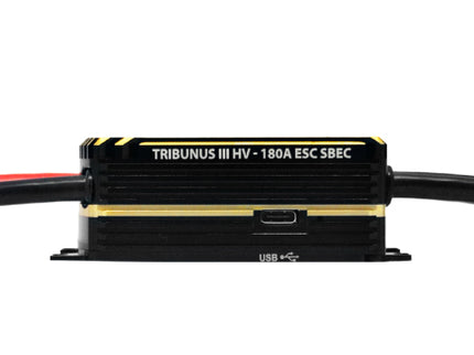 Electronic control unit with 'Tribunus III HV - 180A ESC SBEC' branding on a white background