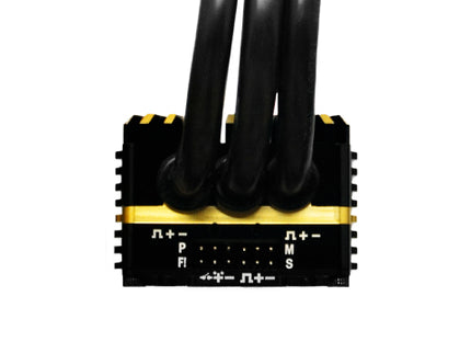 Black and yellow cable connector with text on a white background