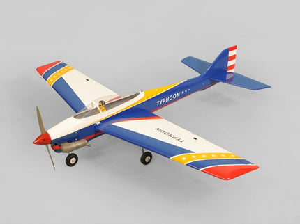 Phoenix Model TYPHOON 59" Size ARF Model airplane with red, white, and blue colors on a gray background