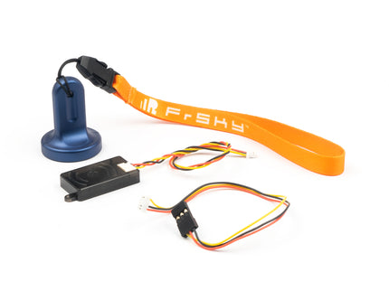 An FRSKY wireless remote control kit on a white background, featuring an orange wrist strap with white FRSKY branding, a blue metal antenna, a black receiver module, and multi-colored wiring.