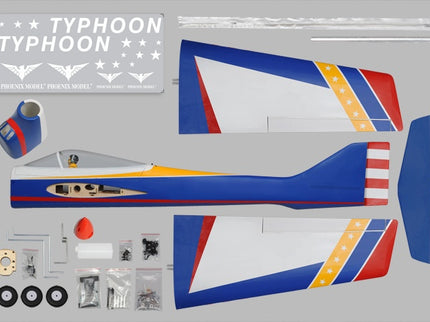 Phoenix Model TYPHOON 59" Size ARF Model airplane kit with parts on a gray background, featuring the 'Typhoon' branding.