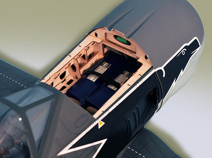Close-up of a Phoenix Model FOCKE WULF WW2  with metallic and black design on a light background