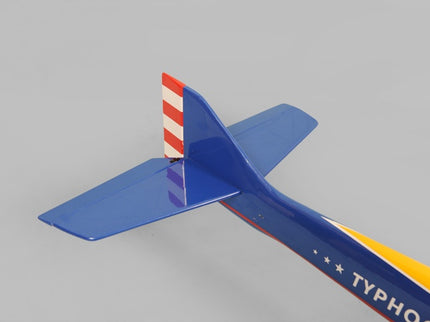 Phoenix Model TYPHOON 59" Size ARF Model airplane with blue body, red and white striped tail fin, and visible branding on a gray background