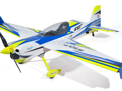 Phoenix Model SBACH 342 67" ARF V2 Model airplane with blue, yellow, and white colors on a white background
