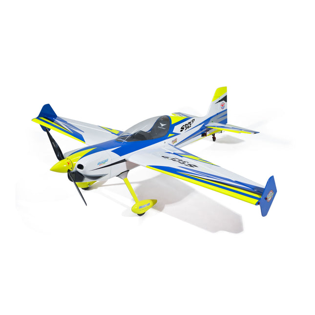 Phoenix Model SBACH 342 67" ARF V2 Model airplane with blue, yellow, and white colors on a white background