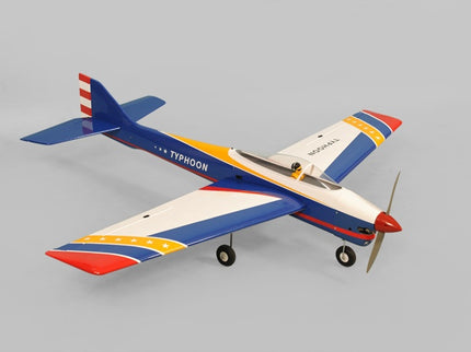 Phoenix Model TYPHOON 59" Size ARF Model airplane with blue, red, and white colors on a gray background