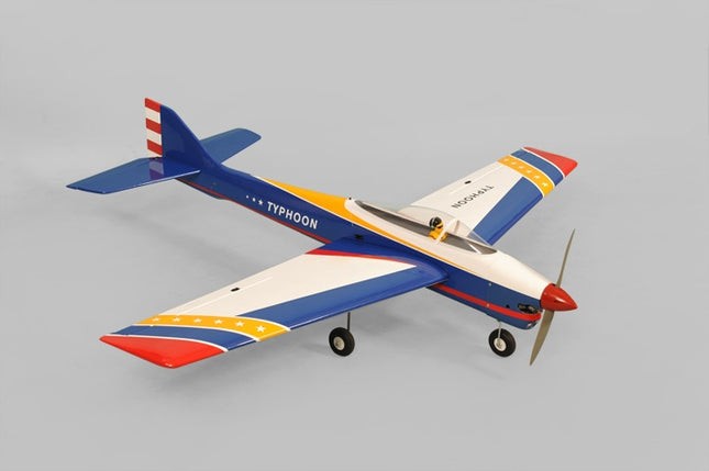 Phoenix Model TYPHOON 59" Size ARF Model airplane with blue, red, and white colors on a gray background