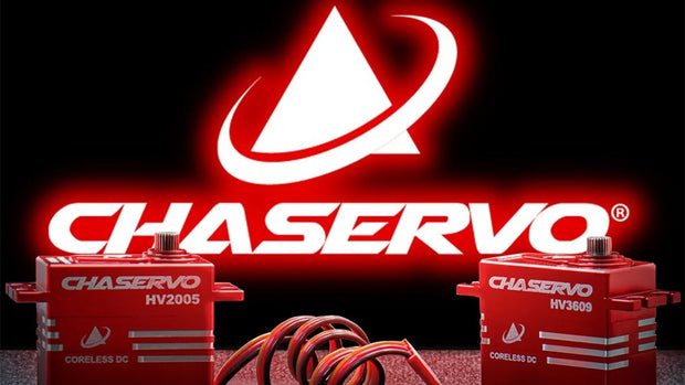 Two red Chaservo servo motors, HV2005 and HV3609, displayed on a dark reflective surface with a large glowing red and white Chaservo logo in the background and text at the bottom stating 'HV2005 AND HV3609 AVAILABLE NOW!'.