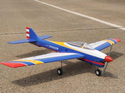 Phoenix Model TYPHOON 59" Size ARF Model airplane with colorful design on a tarmac