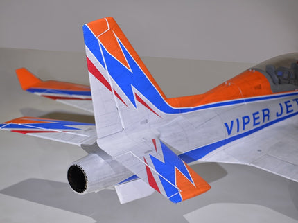 Phoenix Model VIPER JET 83'' With Electric Retract ARF V2 Model of a Viper Jet with orange, blue, and white colors on a gray background