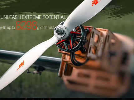 Close-up of a propeller with thrust capabilities text on a blurred background
