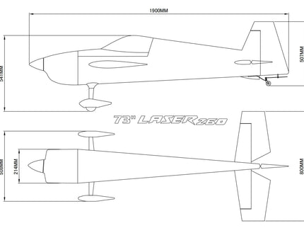 Technical drawing of a model airplane with dimensions labeled