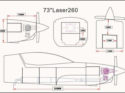 Technical drawing of a model airplane with dimensions labeled