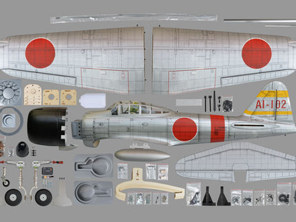 Phoenix Model ZERO A6M Model airplane kit with parts on a gray background