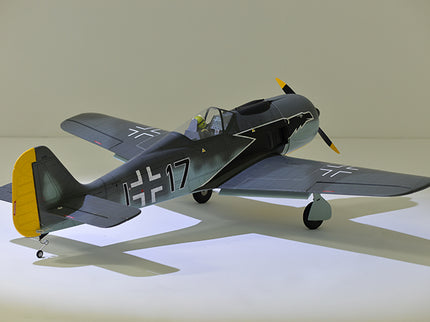 Phoenix Model FOCKE WULF WW2 Model airplane with a yellow tail and black body on a white background