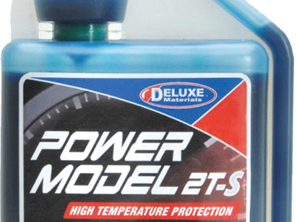 Bottle of Power Model 2T-S synthetic 2-stroke oil with a clear label on a white background