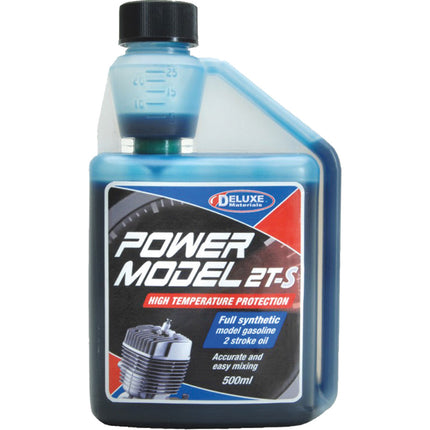Bottle of Deluxe Materials Power Model 2T-S engine oil on a white background