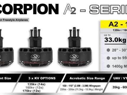 Scorpion A2-10020 Brushless Outrunner Motor | 12S | Up to 9500W | 120cc Equivalent | 135KV, 160KV & 175KV