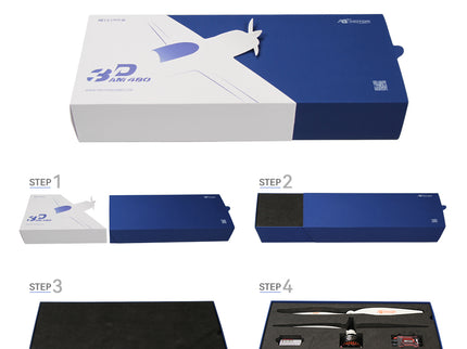 Unboxing steps of a 3D printer with a blue and white box