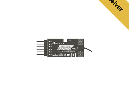 A black electronic receiver module with multiple pins on the left and a wire on the right, shown on a white background with a yellow diagonal banner reading 'Receiver'.